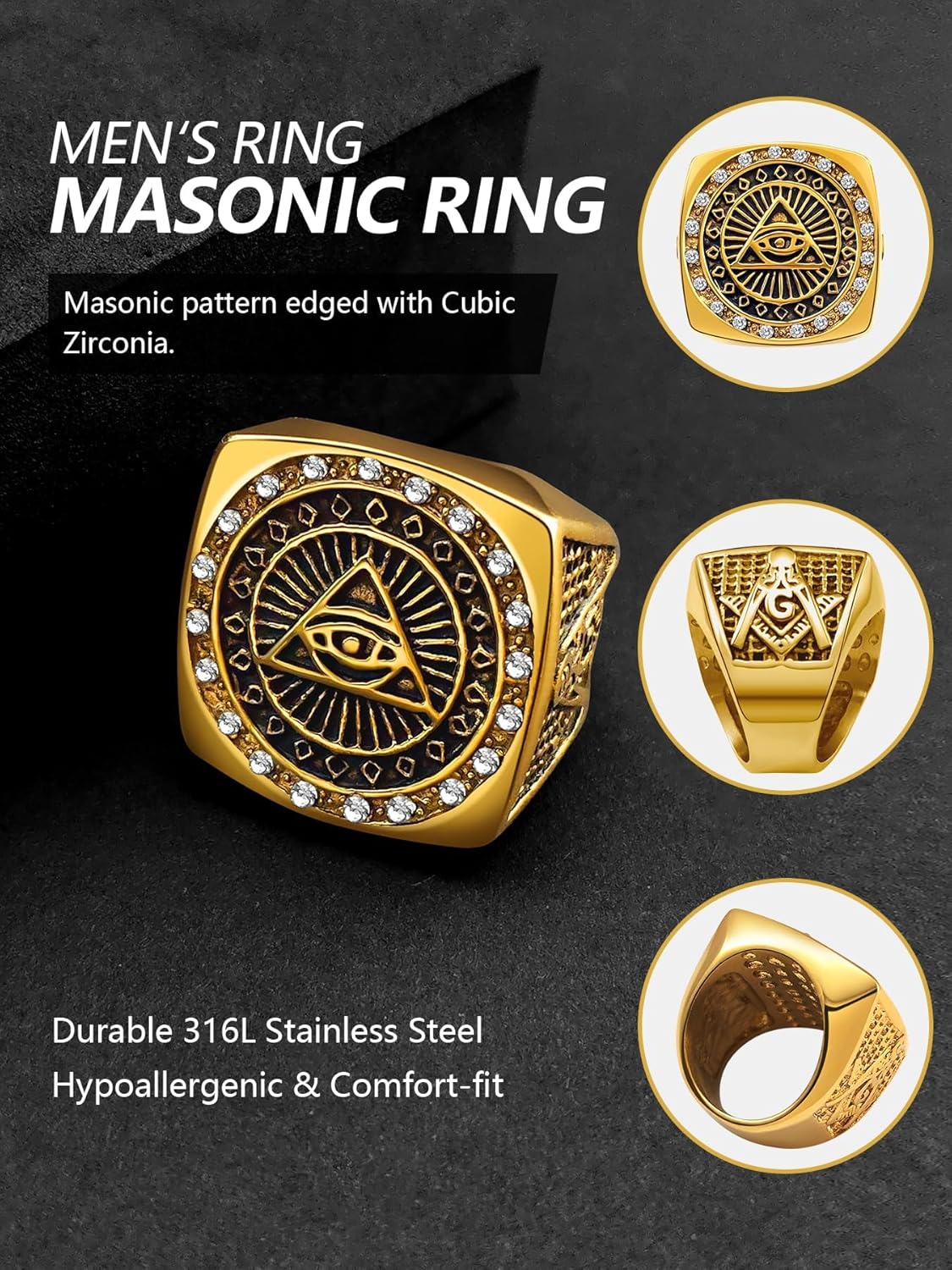 Masonic Signet Rings for Men, 316L Stainless Steel/18K Real Gold/Black Metal Freemason Jewelry, Punk Biker Mason Ring, Size 7-12