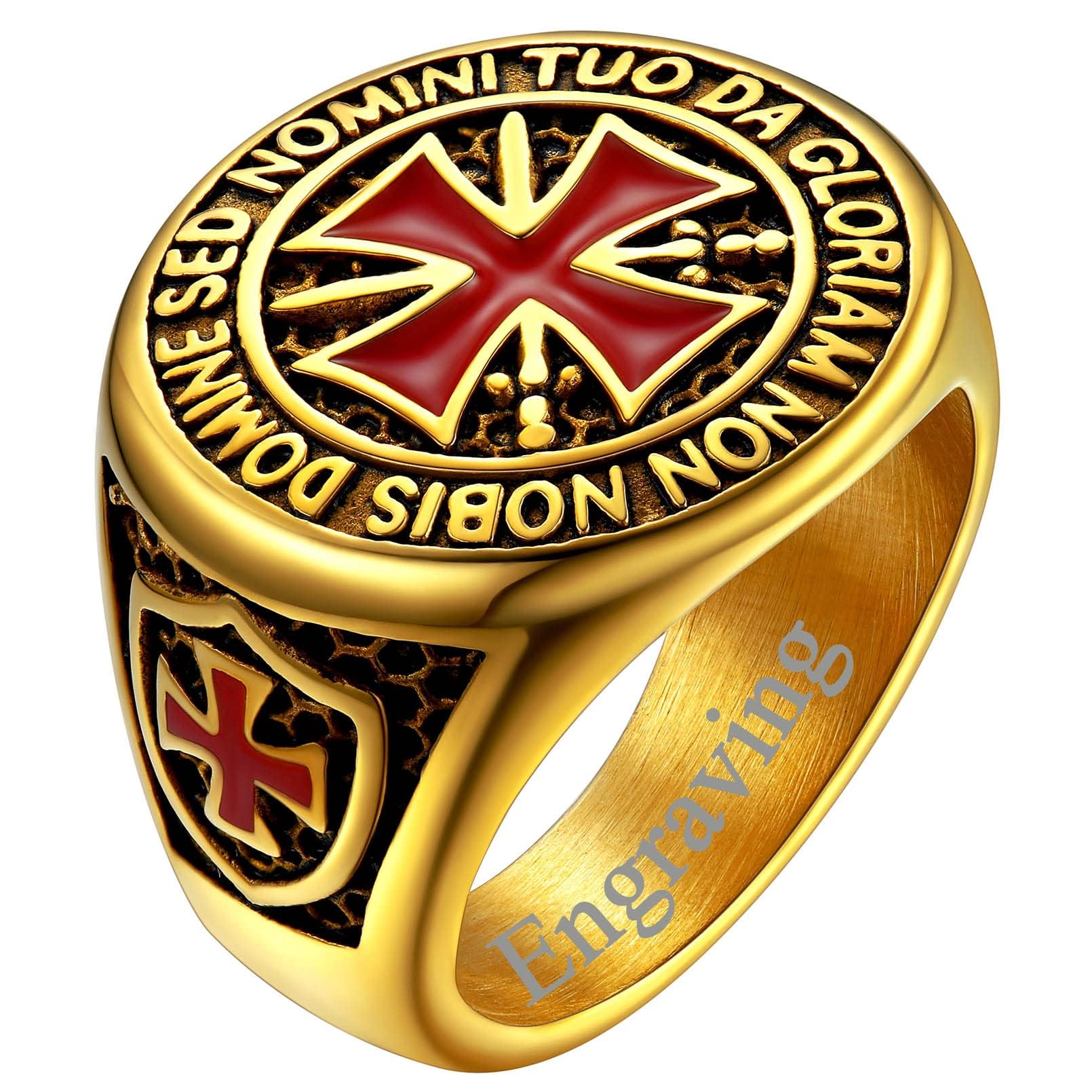 FaithHeart Mens Stainless Steel Crusader Jerusalem Cross Ring with 18K Gold Plated Two Tone Ring Size 7,8,9,10,11,12