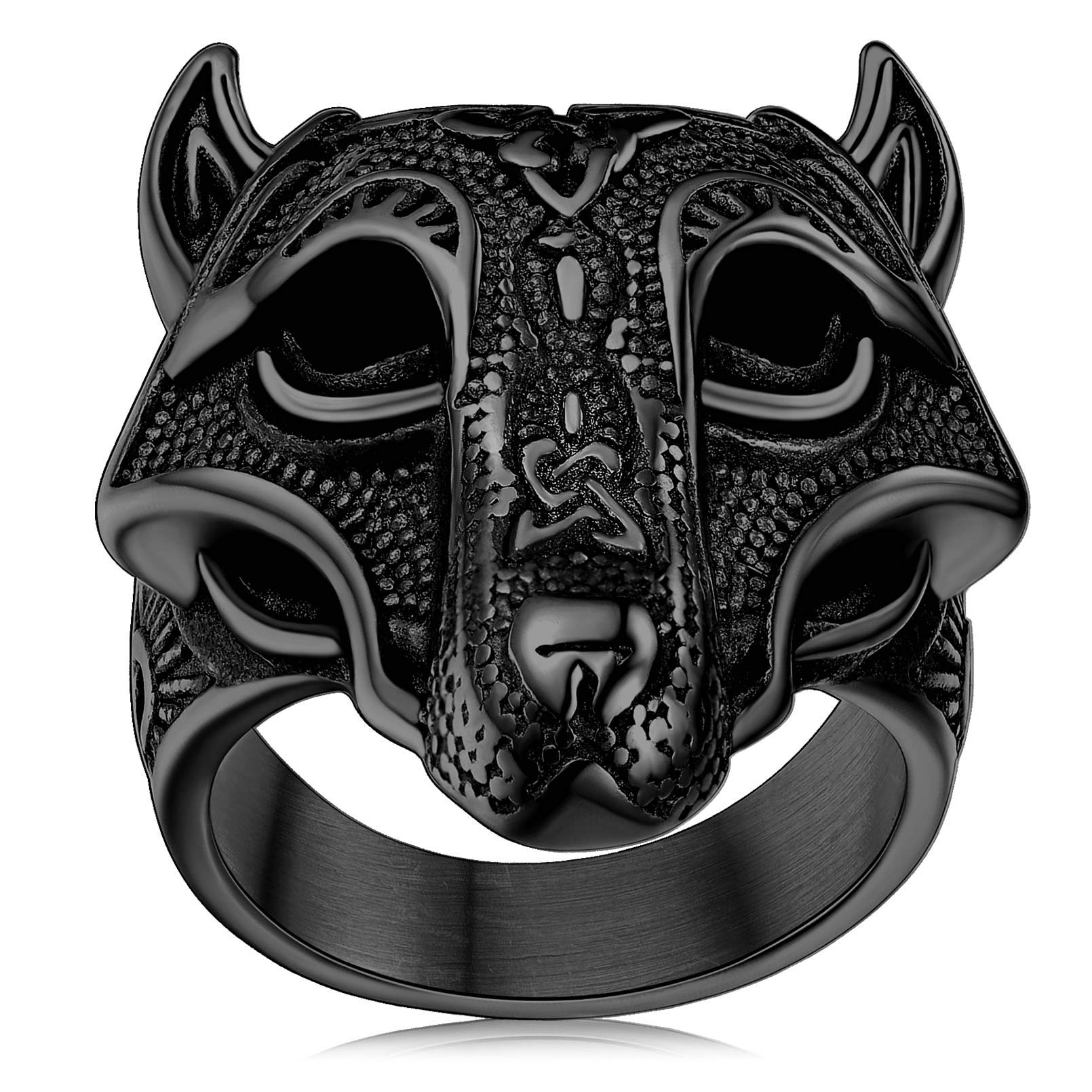FaithHeart Norse Viking Jewelry Mens Stainless Steel Vikings Thor's Hammer/Wolf Head Ring Valknut Warrior's Gothic Jewelry-Personalized Engrave