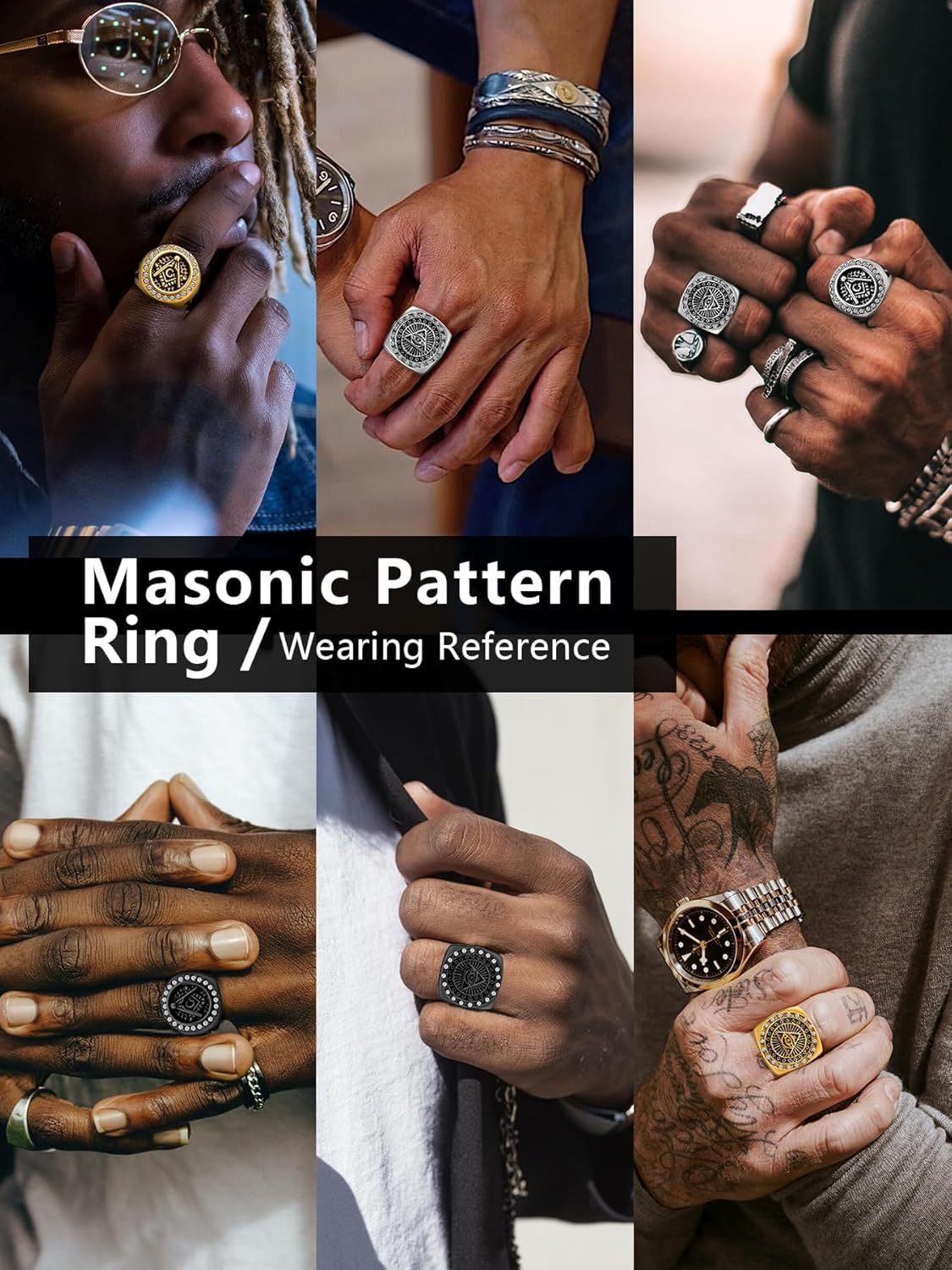 Masonic Signet Rings for Men, 316L Stainless Steel/18K Real Gold/Black Metal Freemason Jewelry, Punk Biker Mason Ring, Size 7-12