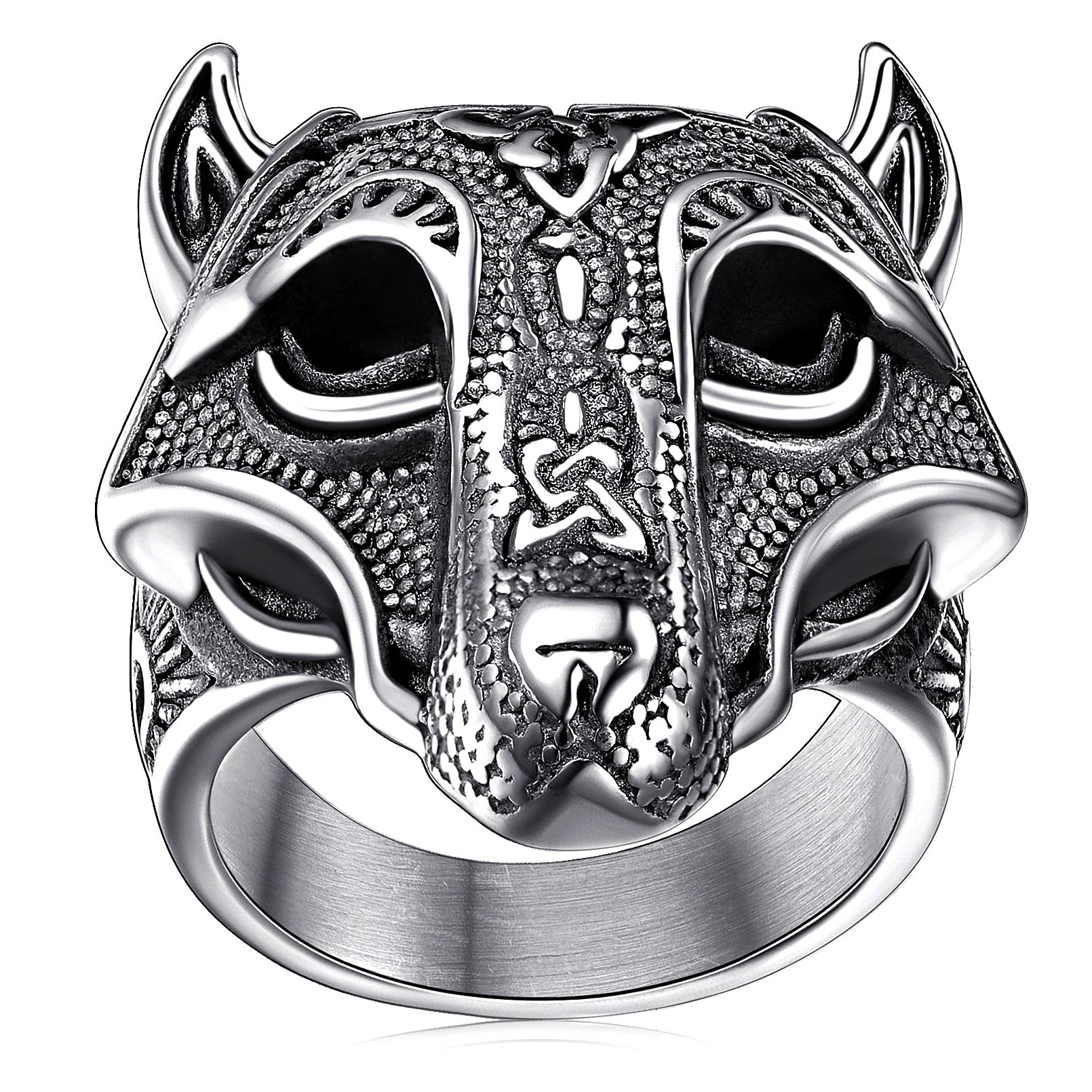 FaithHeart Norse Viking Jewelry Mens Stainless Steel Vikings Thor's Hammer/Wolf Head Ring Valknut Warrior's Gothic Jewelry-Personalized Engrave