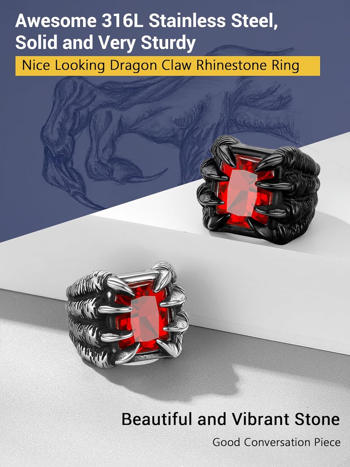 PROSTEEL Mens Gothic Biker Ring, 316L Stainless Steel Dragon Claw Eye Ring/Raven Skull Ring/Octopus Ring, Cool and Masculine, Size 7-14, Black/18K Gold Plated, Come with Box
