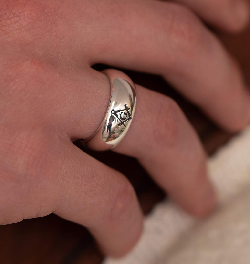 US Jewels Mens 925 Sterling Silver 8mm Half Round Masonic Master Mason Ring Band