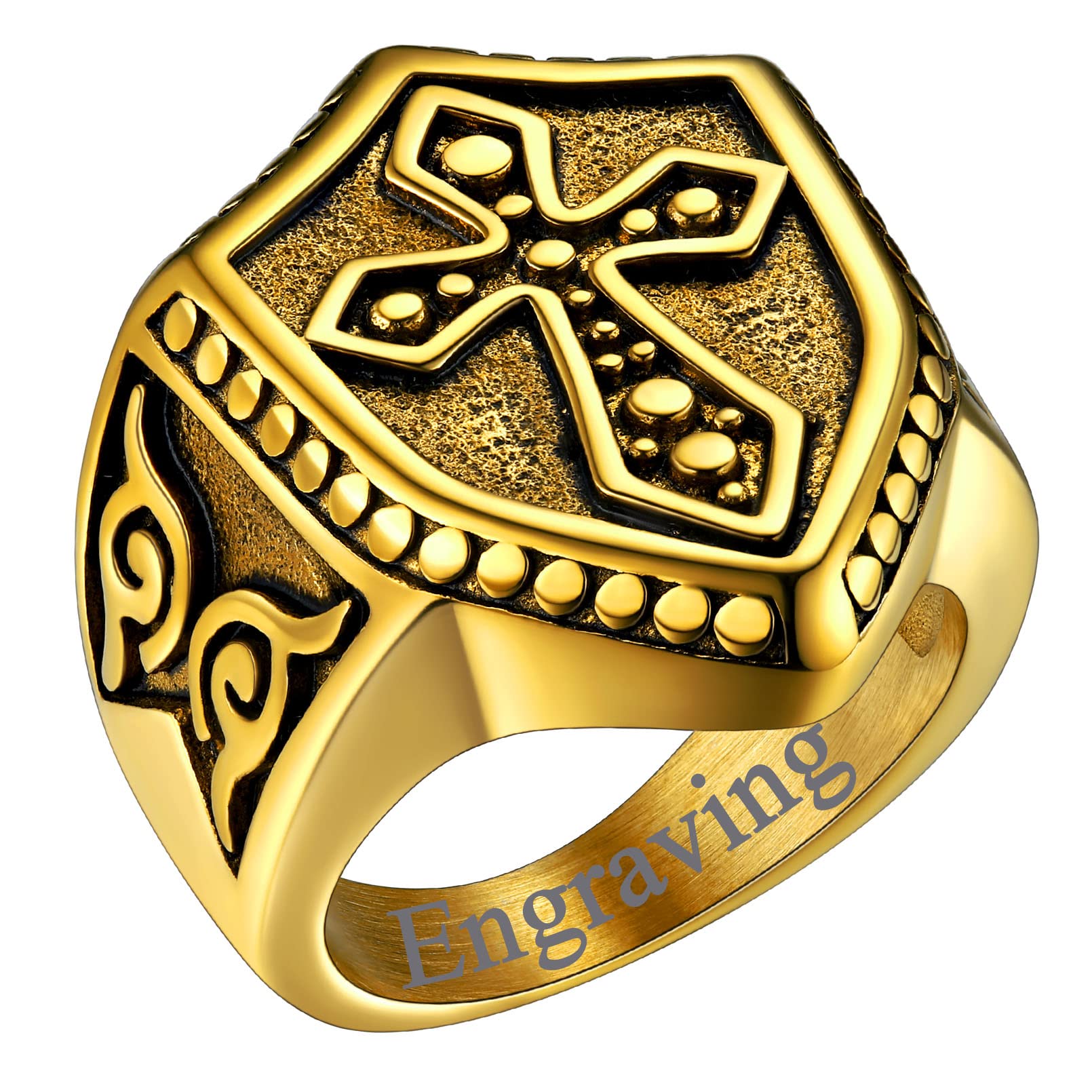 FaithHeart Mens Stainless Steel Crusader Jerusalem Cross Ring with 18K Gold Plated Two Tone Ring Size 7,8,9,10,11,12