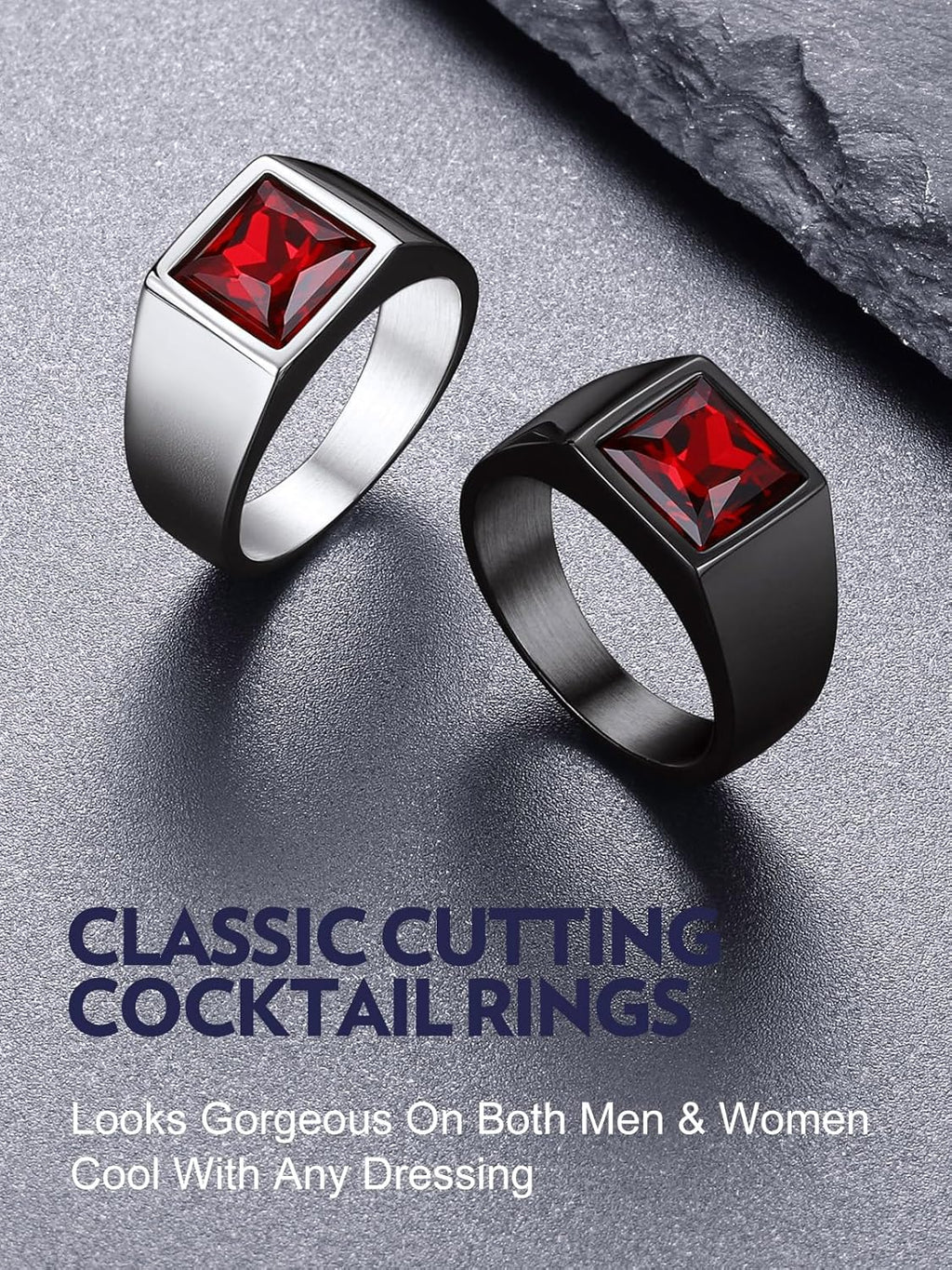 Bandmax Square Cut Gemstone Rings for Men Women, Shining Stone Signet Ring Cocktail Ring Statement Ring Personalized Birthstone Ring for Gift US Size 7-14
