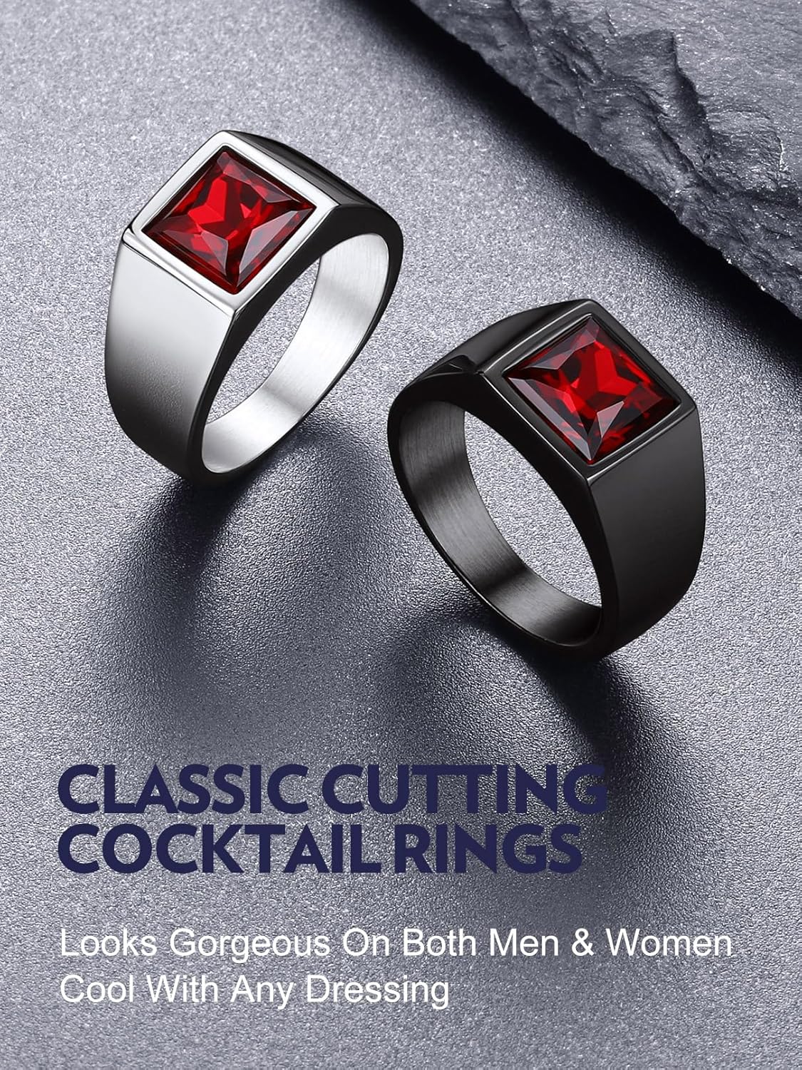 Bandmax Square Cut Gemstone Rings for Men Women, Shining Stone Signet Ring Cocktail Ring Statement Ring Personalized Birthstone Ring for Gift US Size 7-14