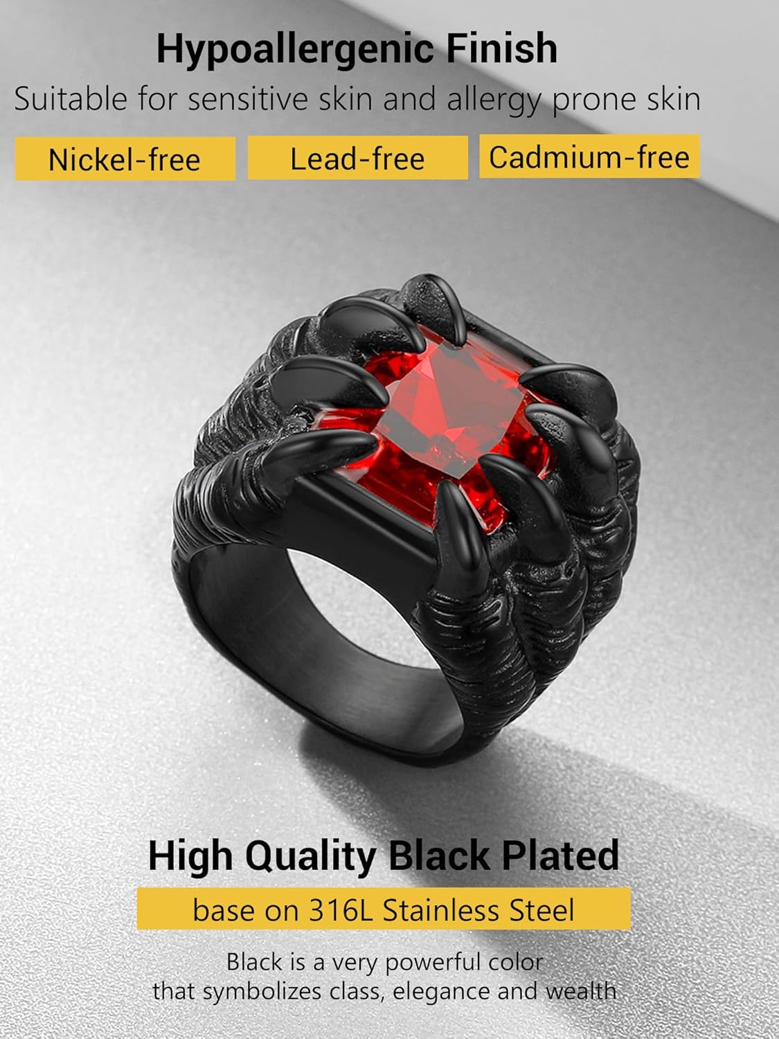 PROSTEEL Mens Gothic Biker Ring, 316L Stainless Steel Dragon Claw Eye Ring/Raven Skull Ring/Octopus Ring, Cool and Masculine, Size 7-14, Black/18K Gold Plated, Come with Box