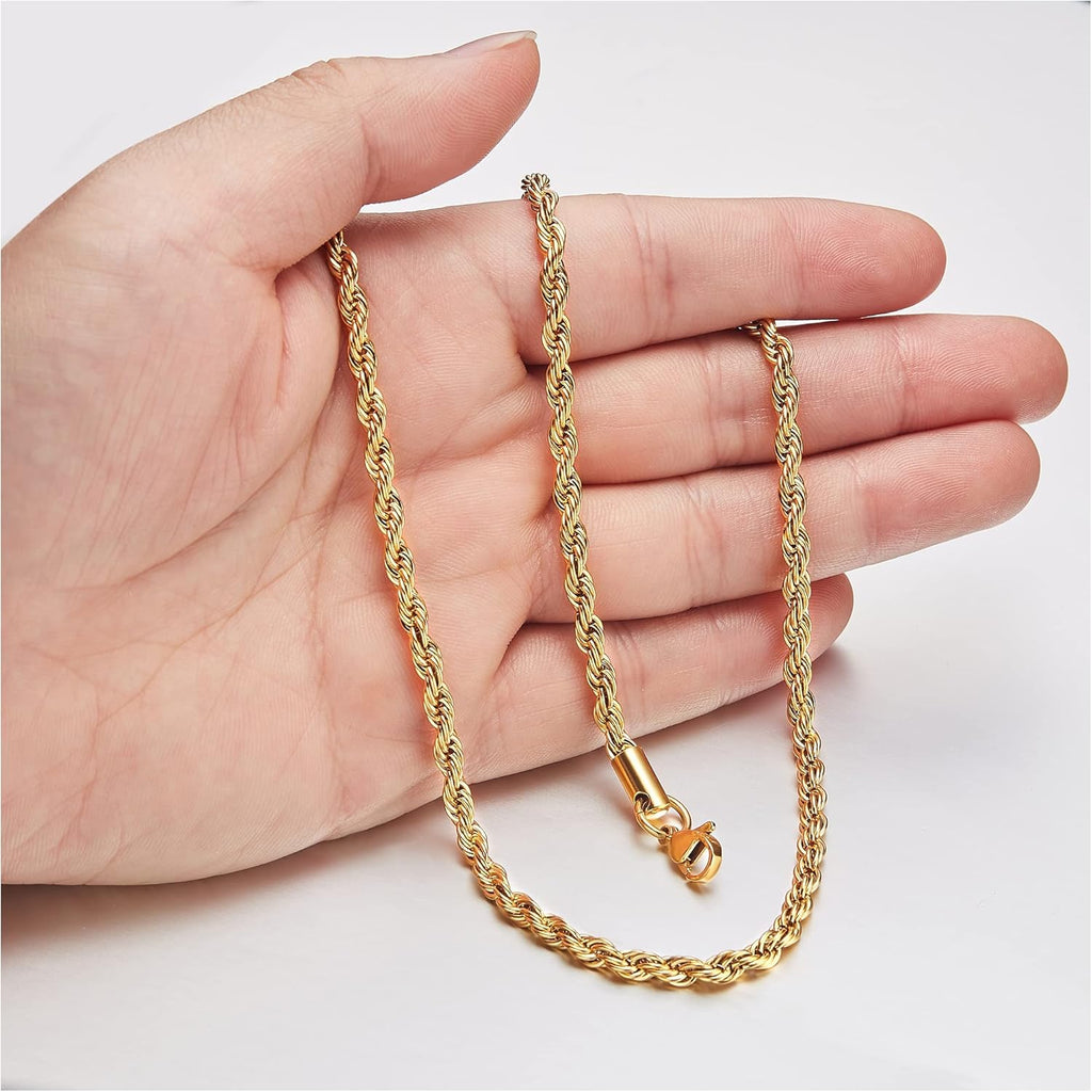 18k Real Gold Plated Rope Chain 1.5mm 2.5mm 5mm Stainless Steel Twist Chain Necklace for Men Women 16 Inches 36 Inches