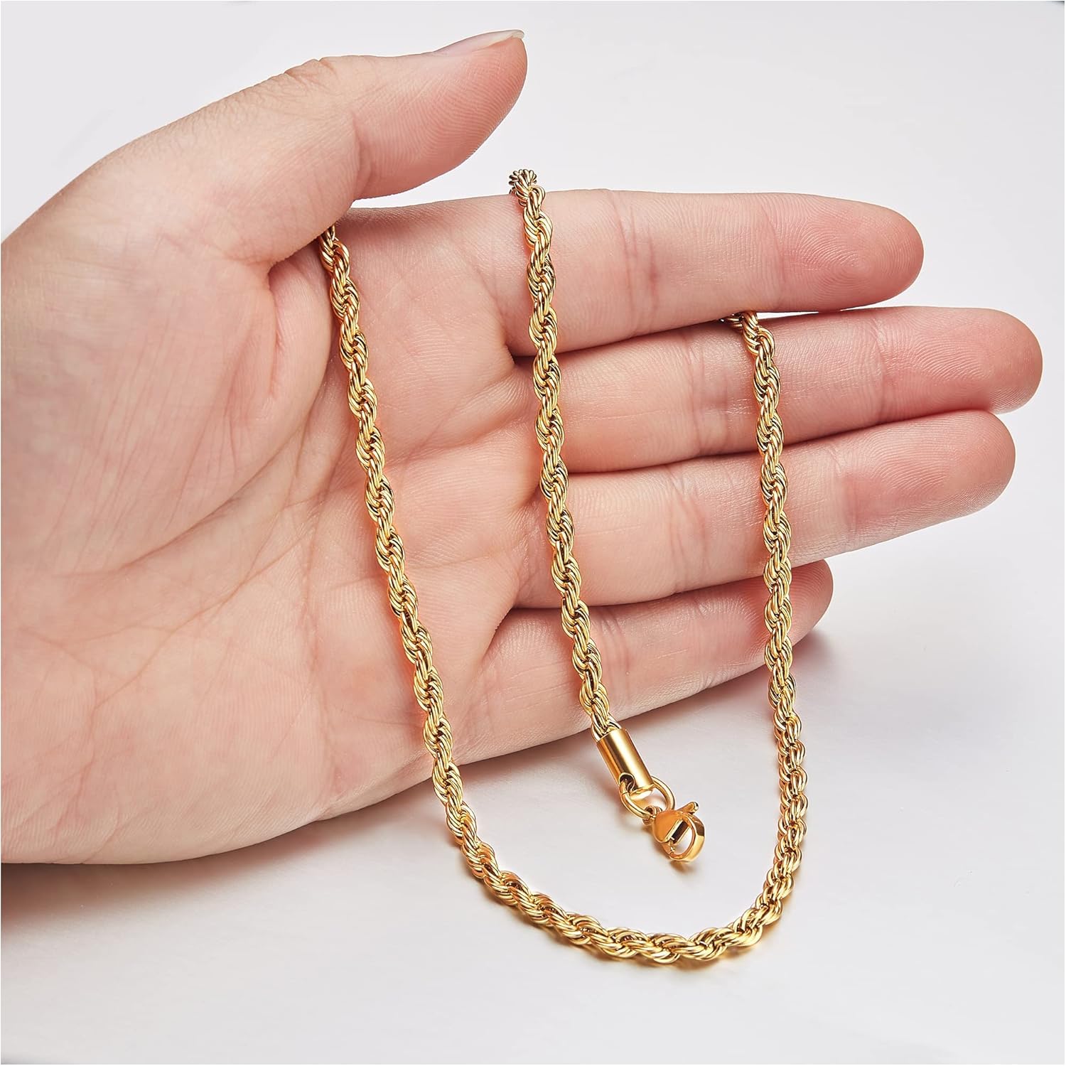 18k Real Gold Plated Rope Chain 1.5mm 2.5mm 5mm Stainless Steel Twist Chain Necklace for Men Women 16 Inches 36 Inches