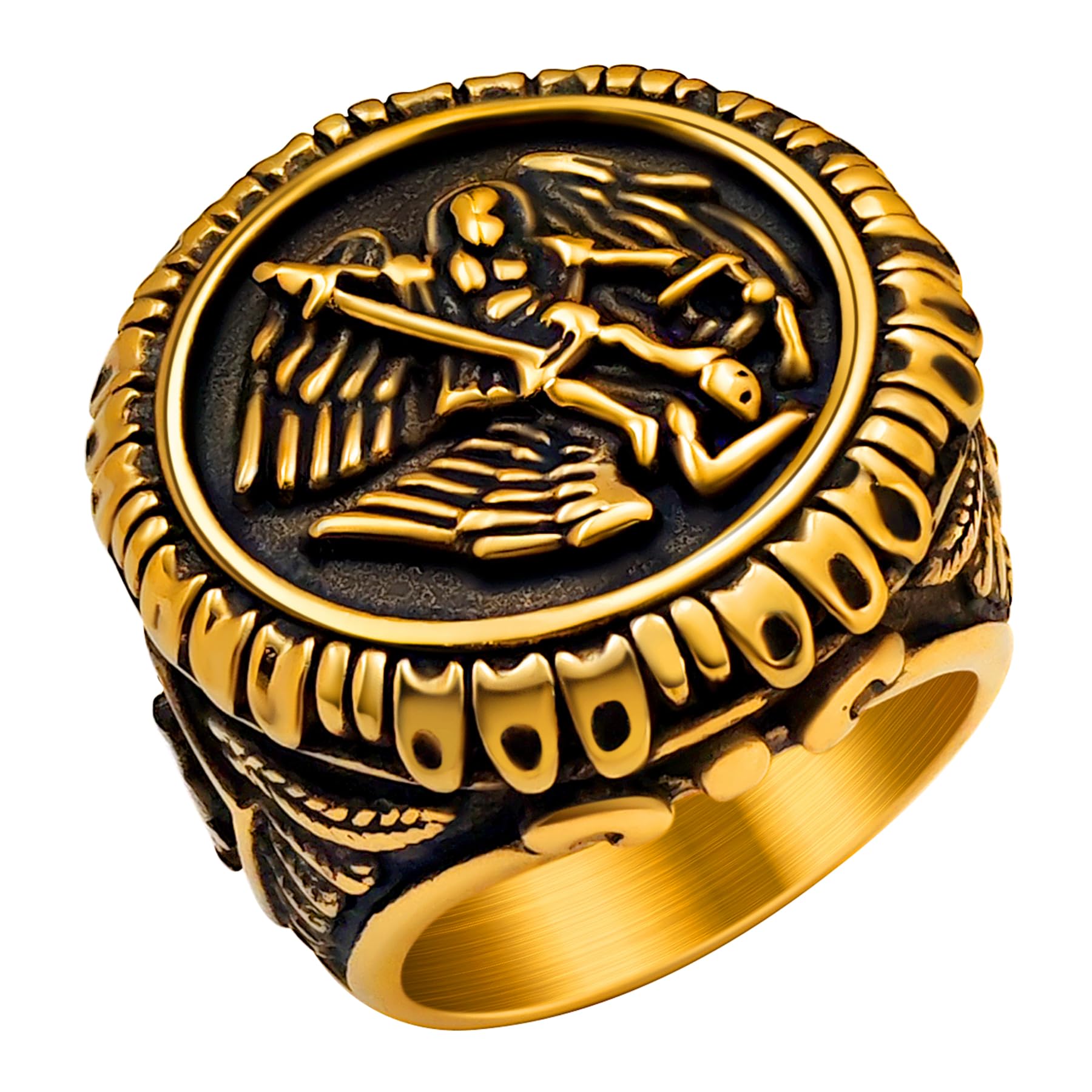 Saints Michael Ring for Men, 18K Gold/Black Plated, The Great Protector Archangel Defeating Satan Figurine Stainless Steel Amulet Rings, Size 7-12, Send Gift Box