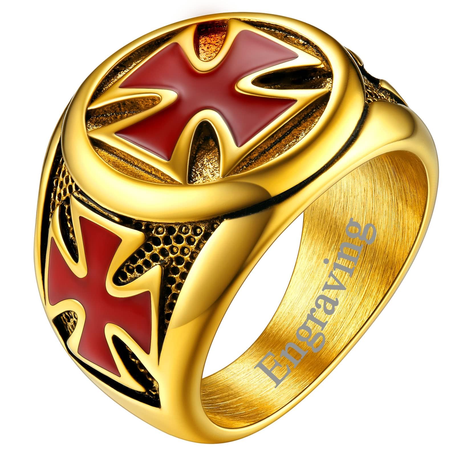 FaithHeart Mens Stainless Steel Crusader Jerusalem Cross Ring with 18K Gold Plated Two Tone Ring Size 7,8,9,10,11,12