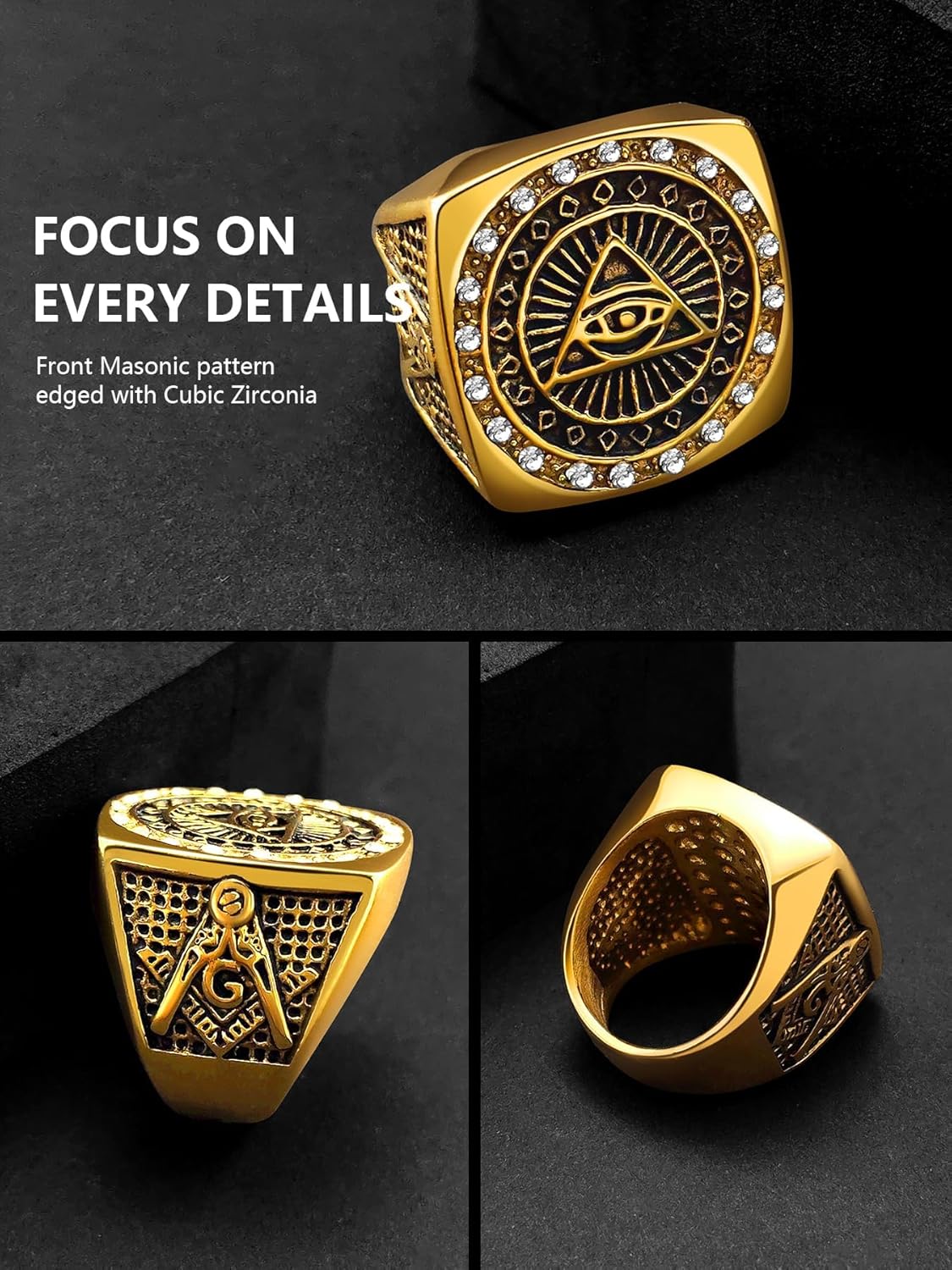 Masonic Signet Rings for Men, 316L Stainless Steel/18K Real Gold/Black Metal Freemason Jewelry, Punk Biker Mason Ring, Size 7-12