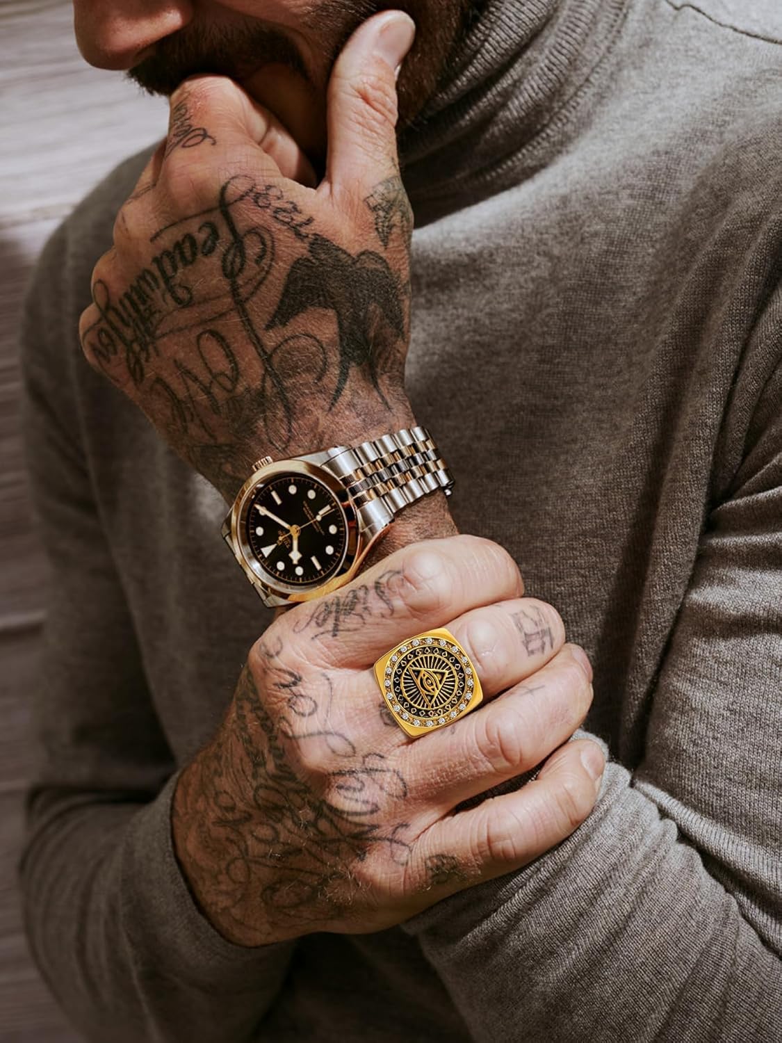 Masonic Signet Rings for Men, 316L Stainless Steel/18K Real Gold/Black Metal Freemason Jewelry, Punk Biker Mason Ring, Size 7-12