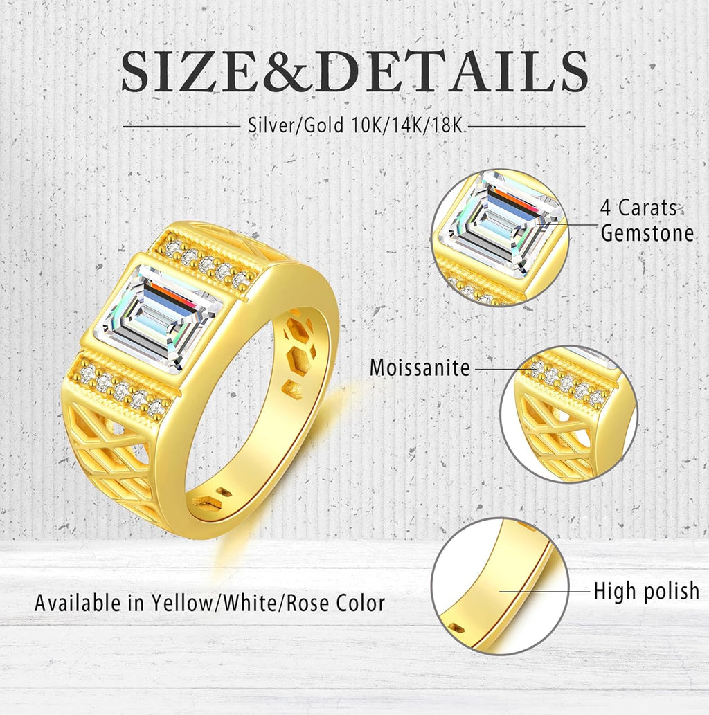WSX Real Gold 10K 14K 18K 4Carat Gemstone Men's Rings with Moissanite Side Stone Emerald Cut Gemstone Rings for Men Promise Engagement Wedding Band Size 4-16