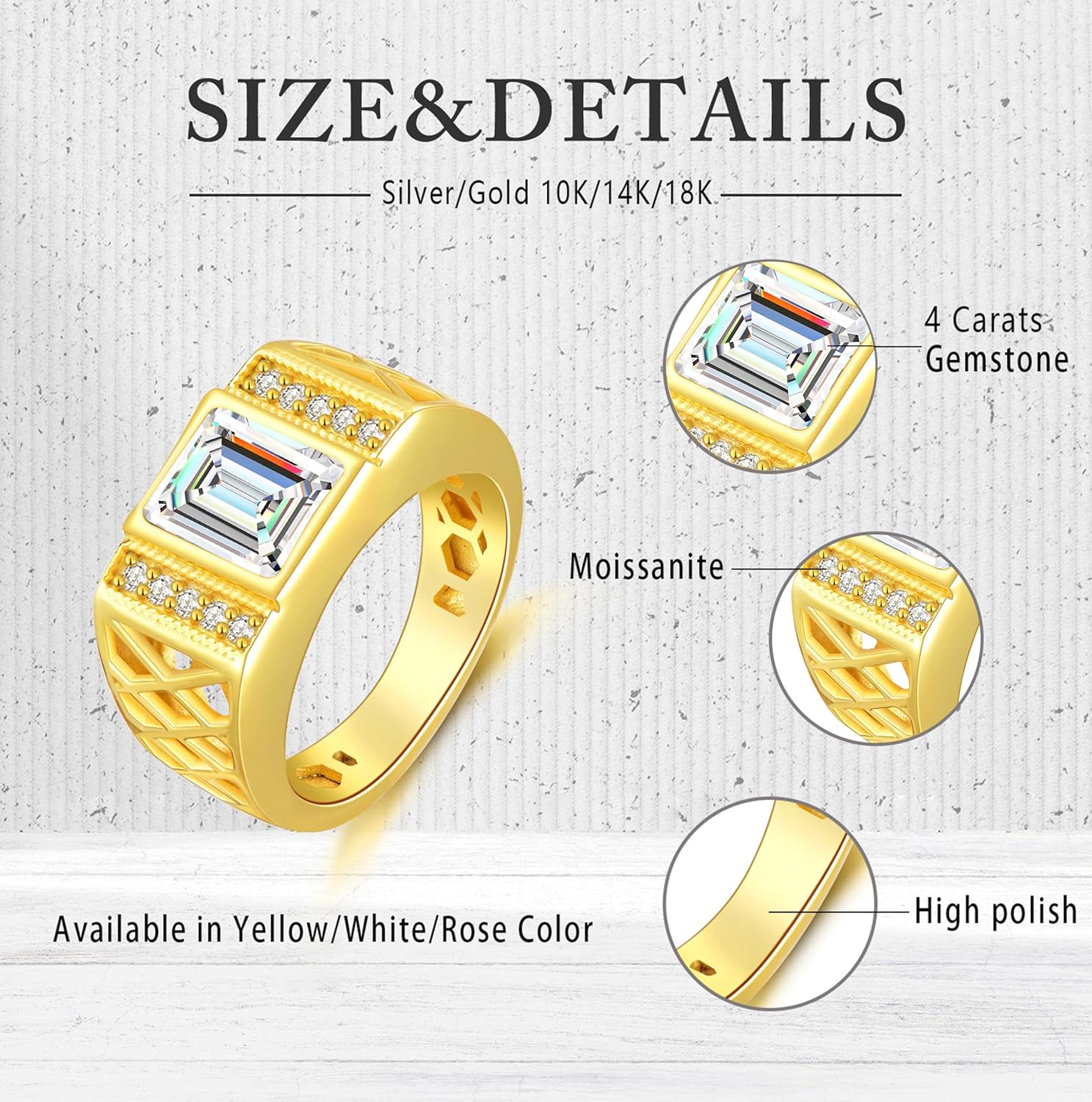 WSX Real Gold 10K 14K 18K 4Carat Gemstone Men's Rings with Moissanite Side Stone Emerald Cut Gemstone Rings for Men Promise Engagement Wedding Band Size 4-16
