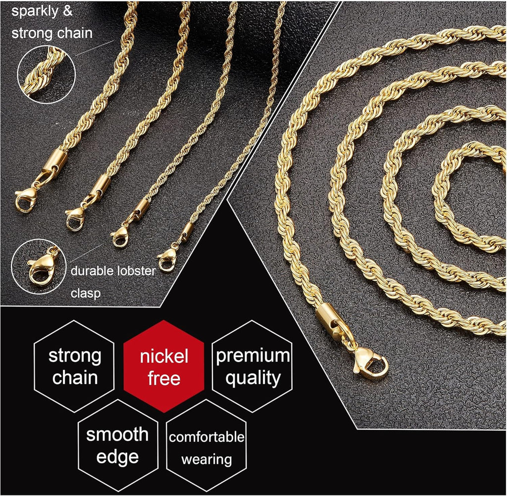 18k Real Gold Plated Rope Chain 1.5mm 2.5mm 5mm Stainless Steel Twist Chain Necklace for Men Women 16 Inches 36 Inches