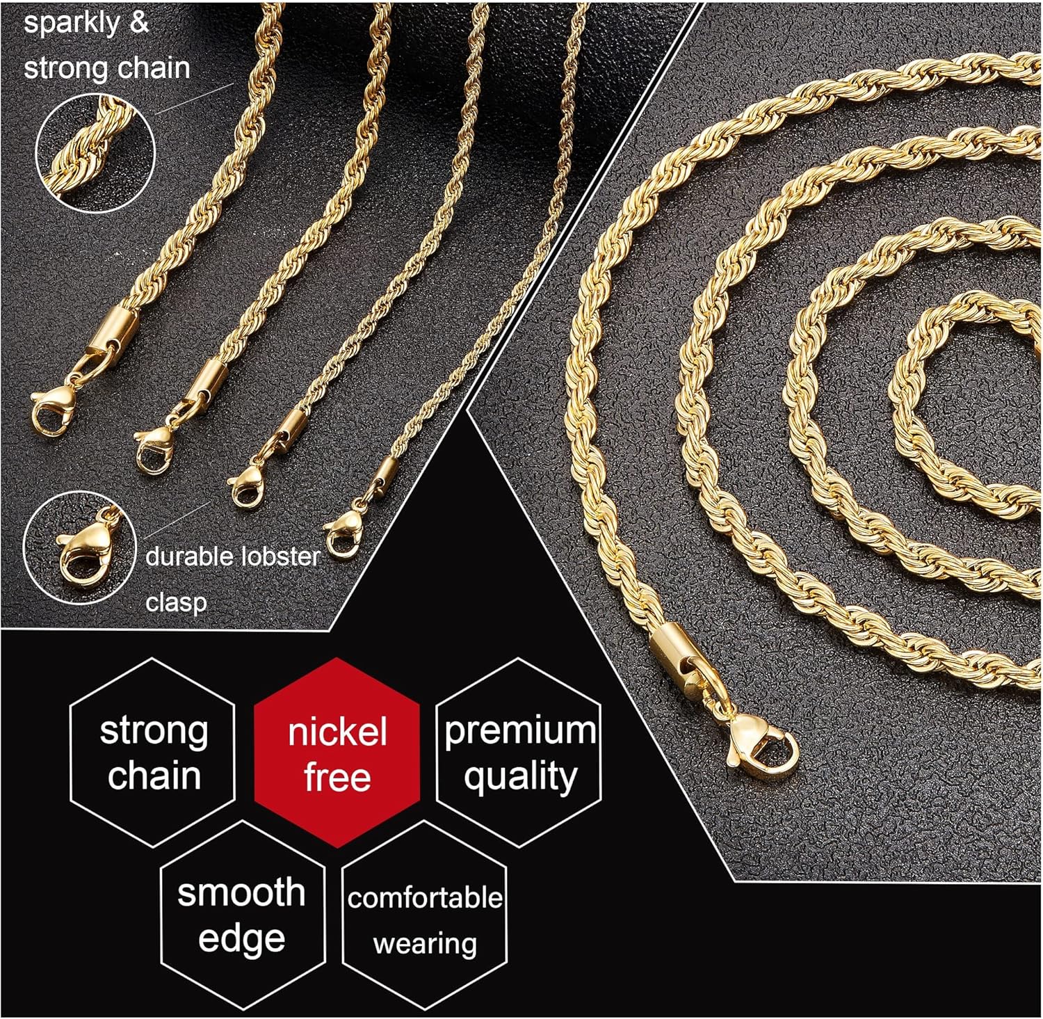 18k Real Gold Plated Rope Chain 1.5mm 2.5mm 5mm Stainless Steel Twist Chain Necklace for Men Women 16 Inches 36 Inches