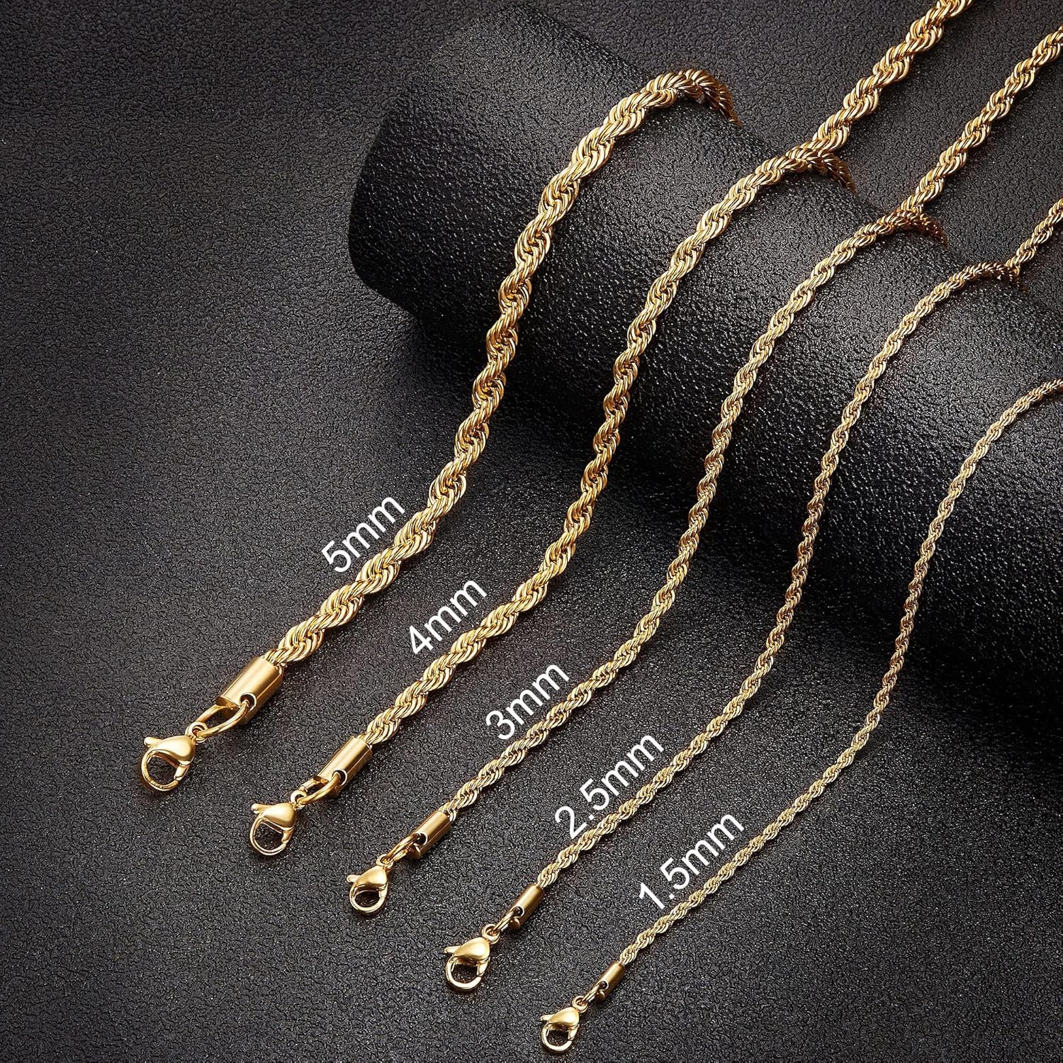 18k Real Gold Plated Rope Chain 1.5mm 2.5mm 5mm Stainless Steel Twist Chain Necklace for Men Women 16 Inches 36 Inches